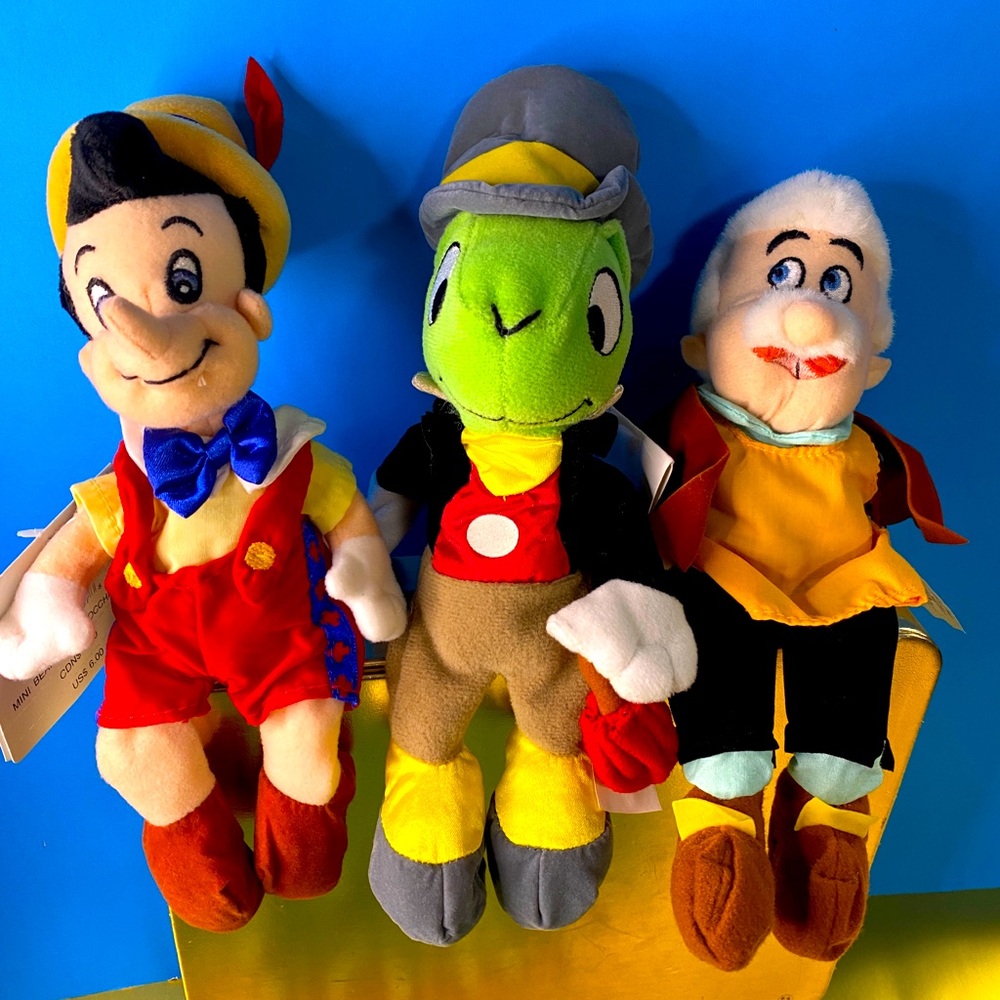 DISNEY EXCLUSIVE NWT VTG 90s PINOCCHIO GEPPETTO JIMINY CRICKET BEAN BAG PLUSH